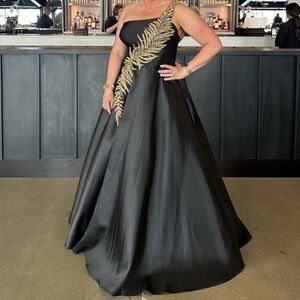 Terani Couture Black One-Shoulder Ball Gown with Gold Leaf Embroidery